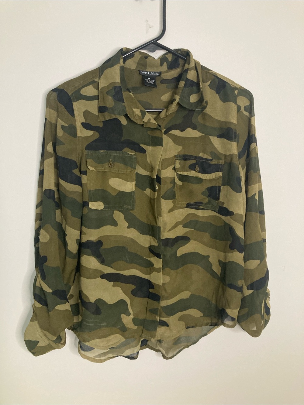 Wet Seal Camo Button-Down Shirt in Olive Green and Dark Green